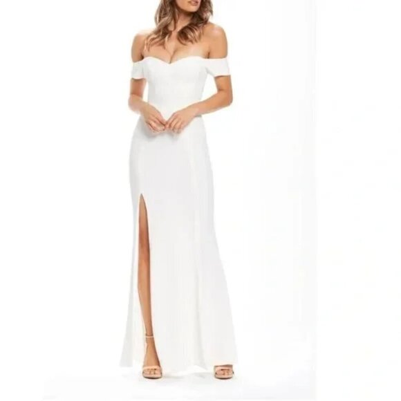 DRESS THE POPULATION Logan Off the Shoulder Evening Dress in Off White X-Small - Picture 12 of 15